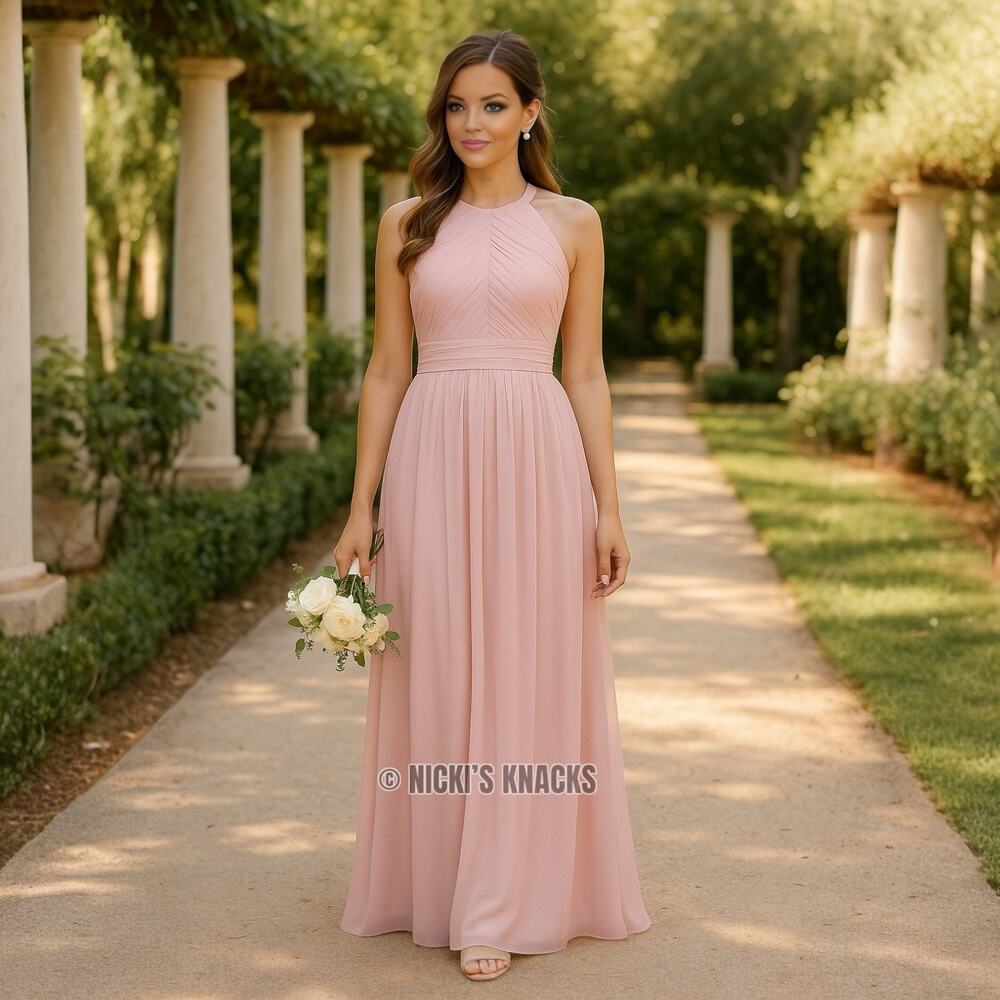 Bill Levkoff Frost Rose Halter Chiffon Bridesmaid Formal Maxi Dress Size 12